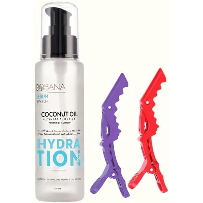 Bobana Coconut Oil Serum for Dry Hair 100ml with 2 Hair Clips Multi-Colour, SPF30 Protection - Image 2